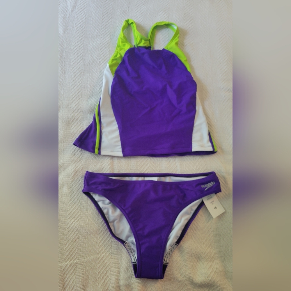 Speedo 2 piece girls swim suit size 16 purple and lime color